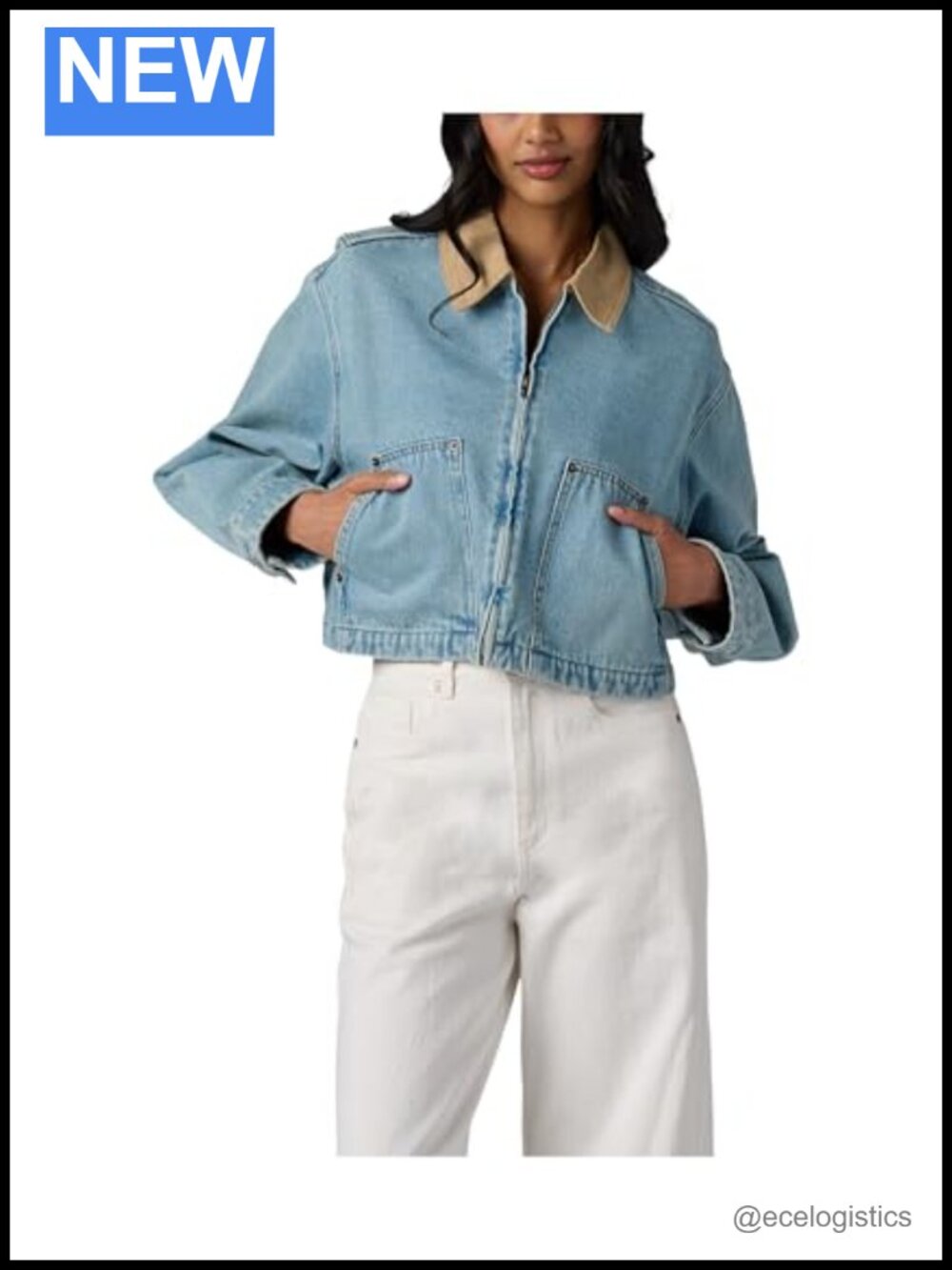Cropped Denim Jacket with Twill Collar, 100% Cotton, Long Sleeve